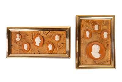 Nove cammei in ceramica con teste classiche, montati entro due passe-partout