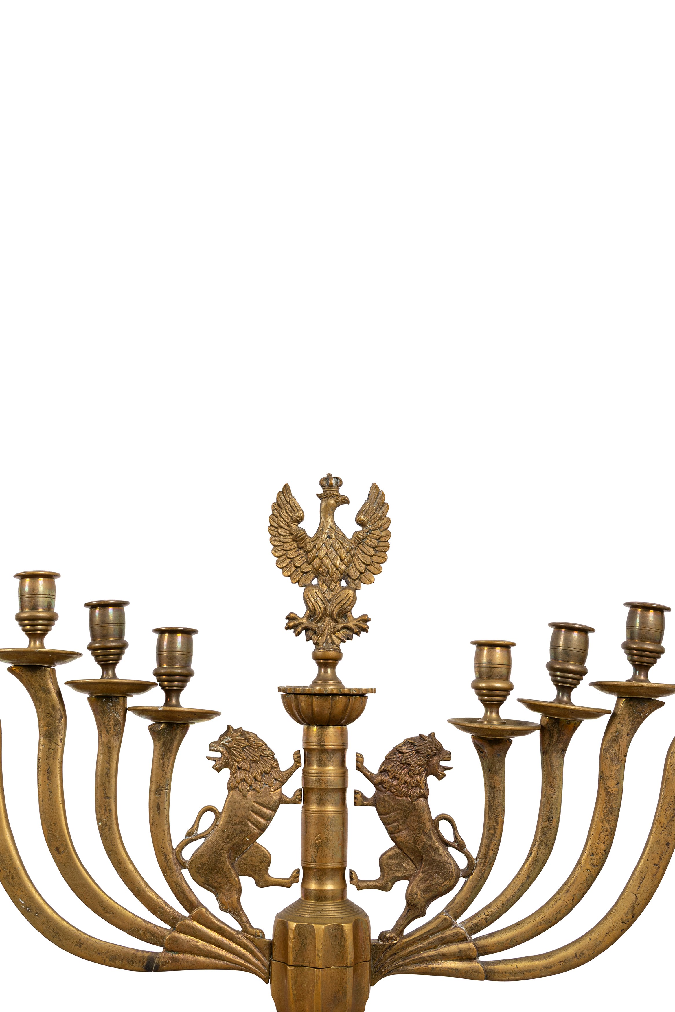 Candelabri Chanukkah in ottone, Varsavia, inizio secolo XX, a otto braccia con aquila polacca
