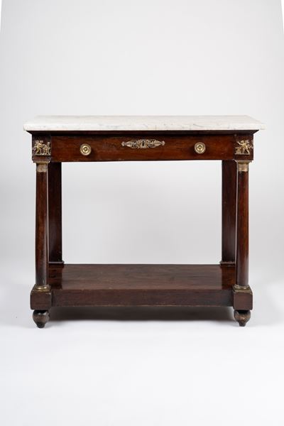 Piccola Console Impero Lastronata con Piano in Marmo Bianco. Secolo XIX