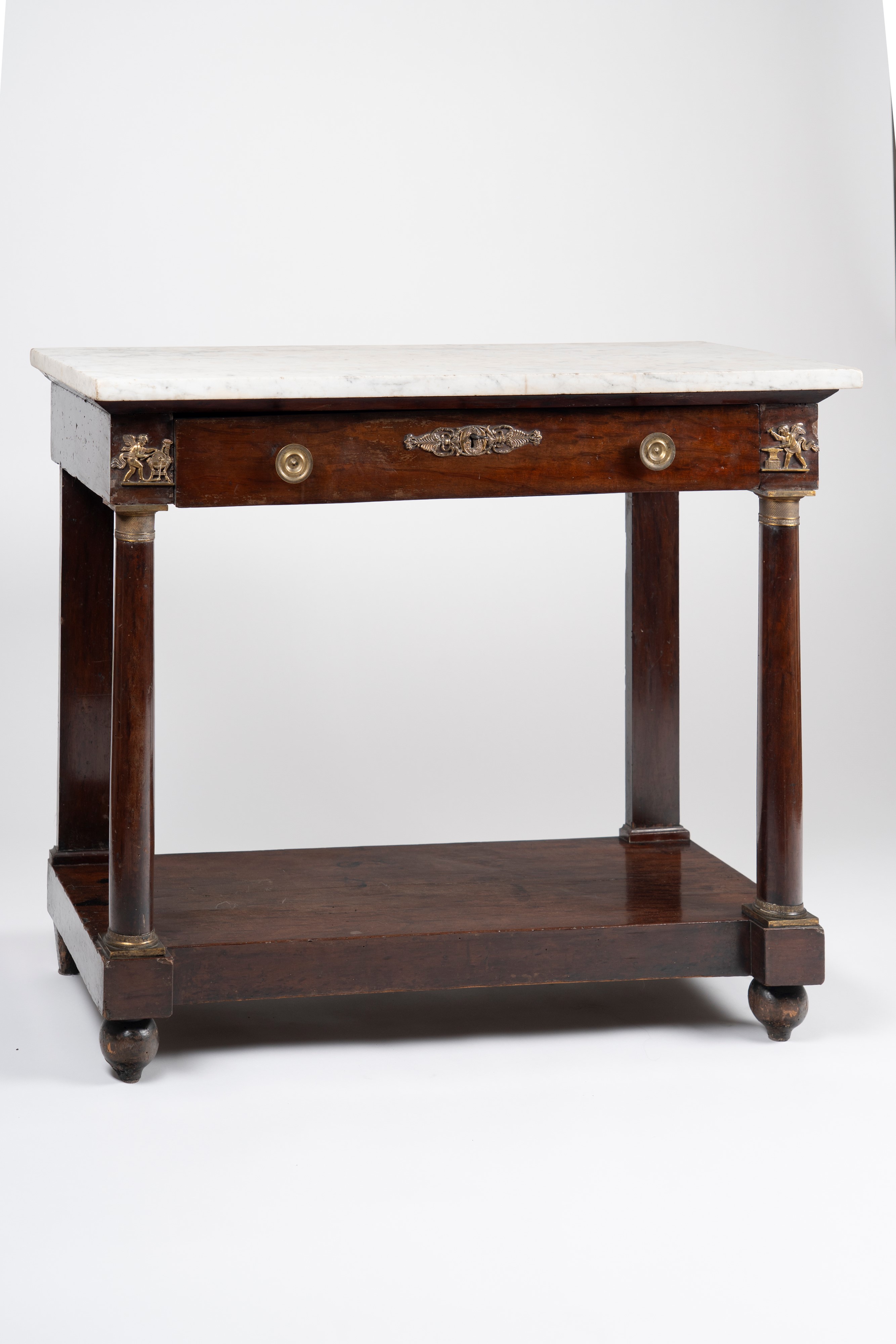 Piccola Console Impero Lastronata con Piano in Marmo Bianco. Secolo XIX