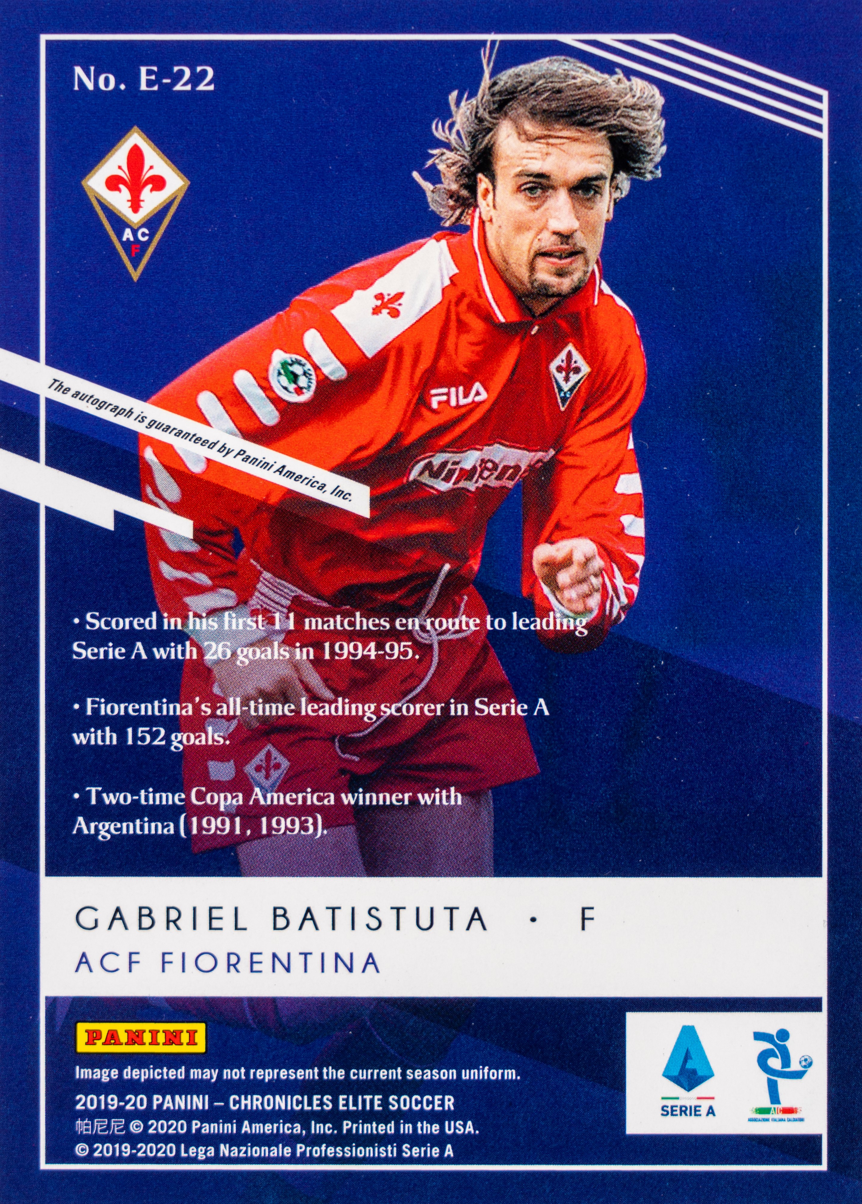 Gabriel Batistuta - Card autografata - Fiorentina - Panini Chronicles 2019/2020