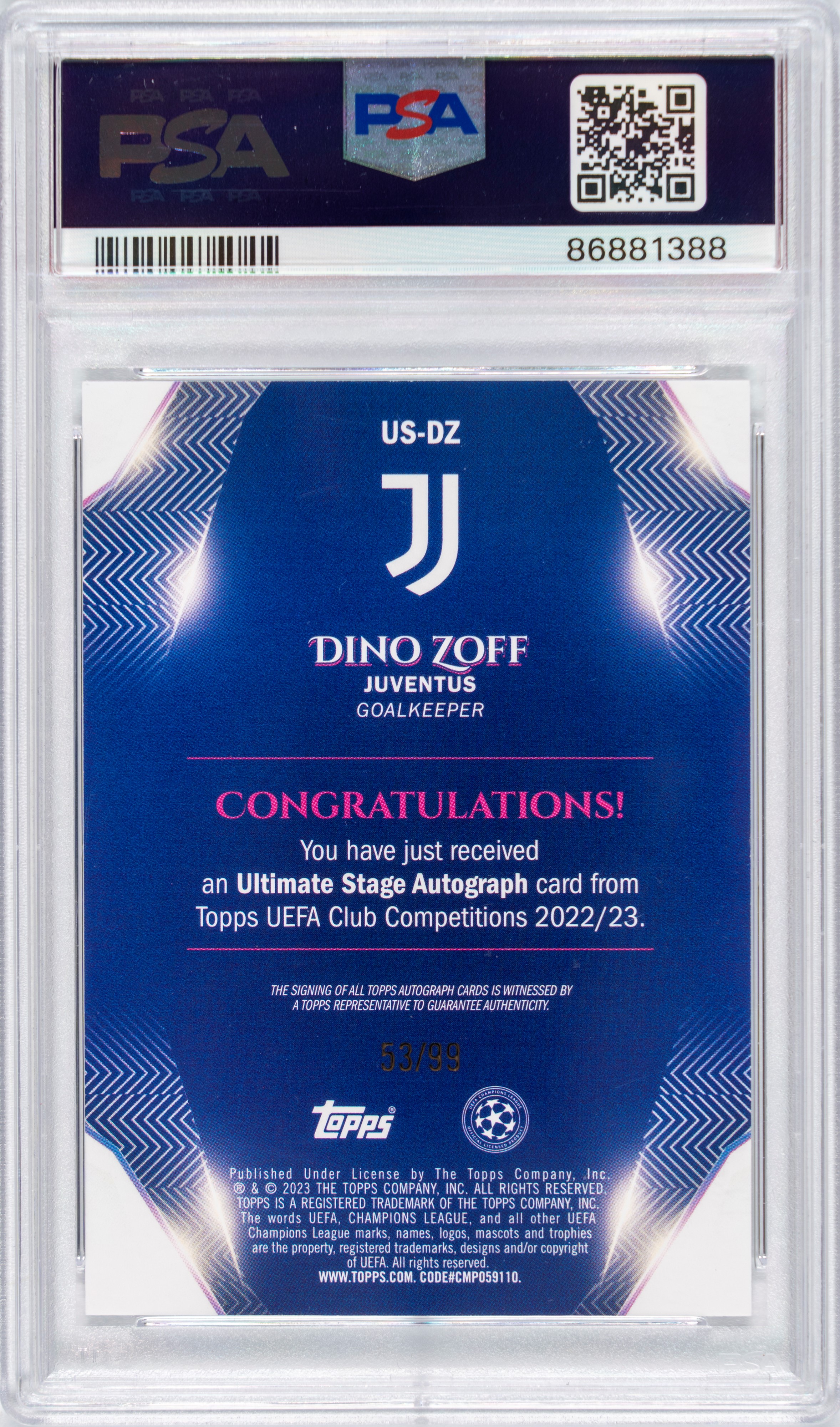 Dino Zoff - Card autografata - Juventus - Topps Uefa CC - PSA 9 - Numerata su 99