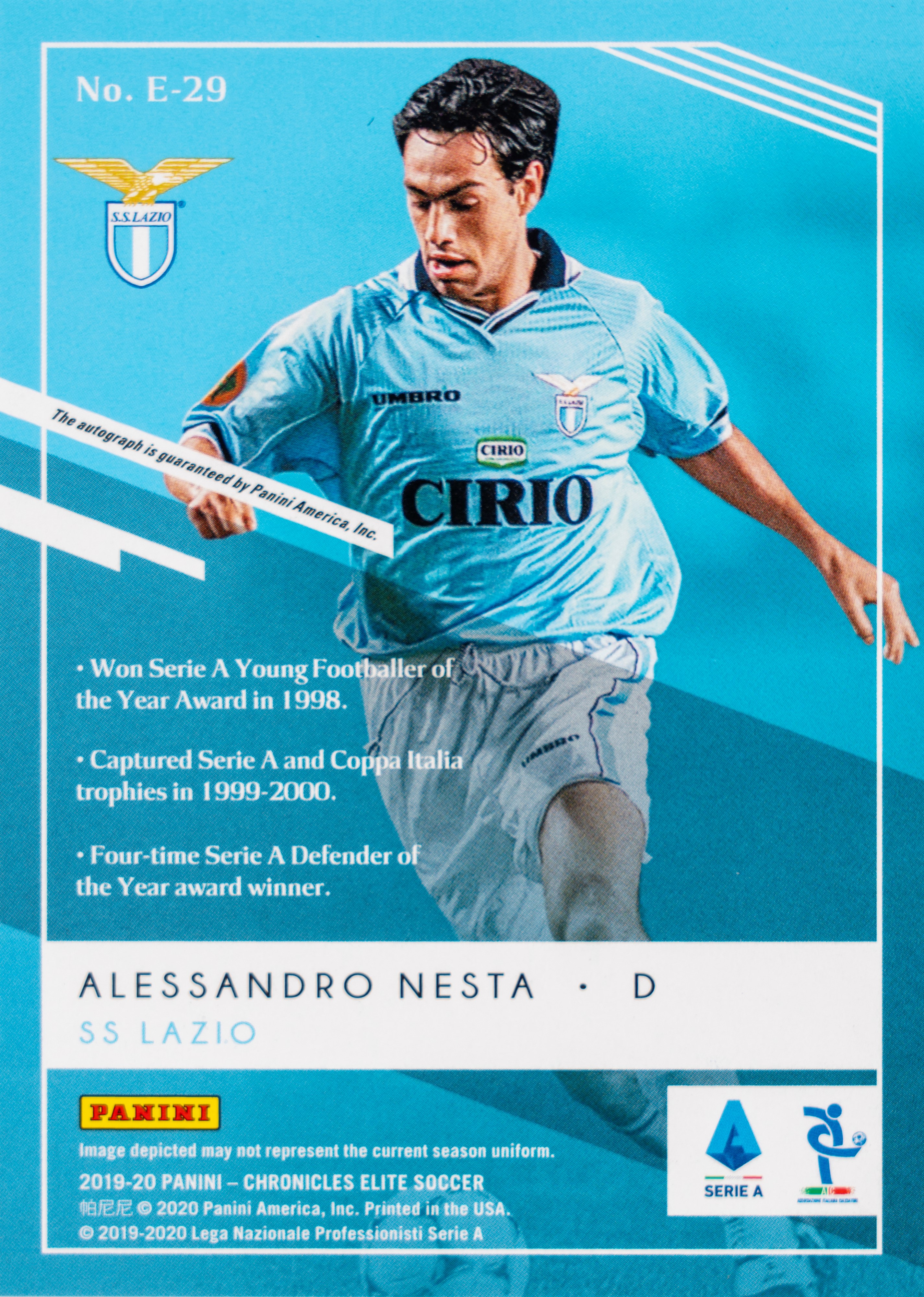 Alessandro Nesta - Card autografata - Lazio - Panini Chronicles Elite Soccer 2019/2020