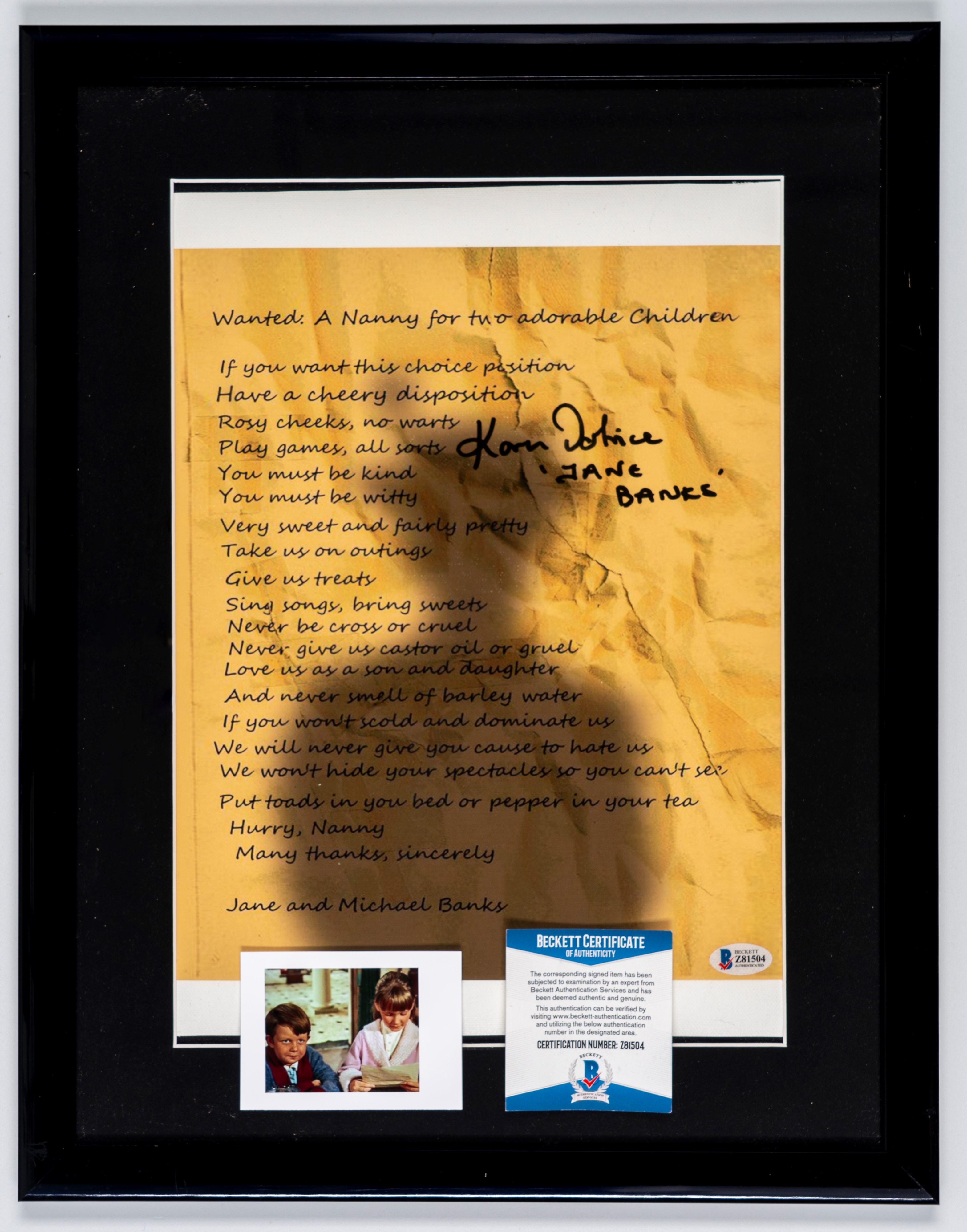 Karen Dotrice - Tela autografata - Mary Poppins - Jane Banks - 37x47 cm - In cornice - Cert. Beck...