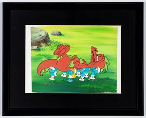 I Puffi - Cel originale - Fondale originale, dipinto - Prima stagione, quarto episodio - 33x26 cm - In cornice