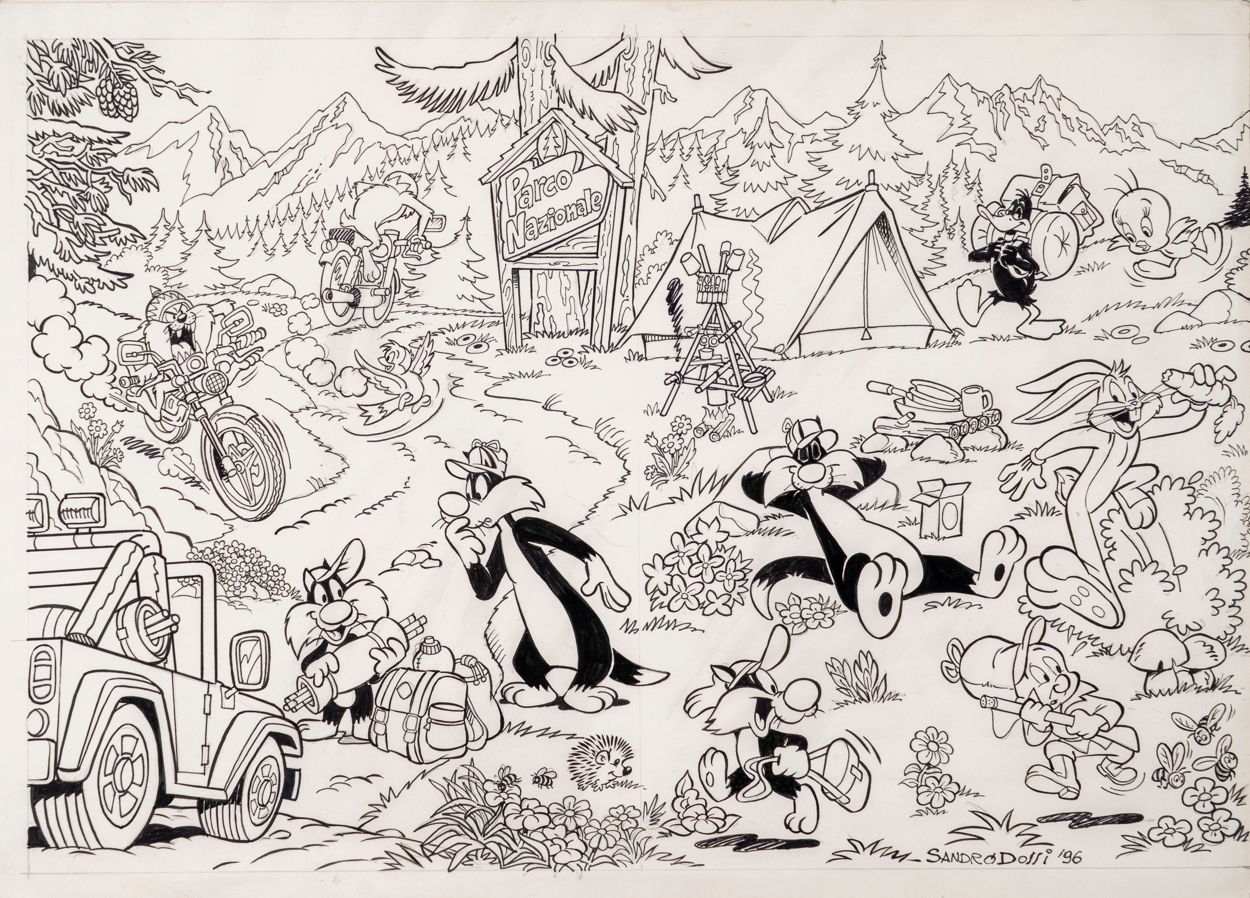Sandro Dossi - Illustrazione originale - Looney Tunes - Warner - Titti, Silvestro, Bugs Bunny, Du...