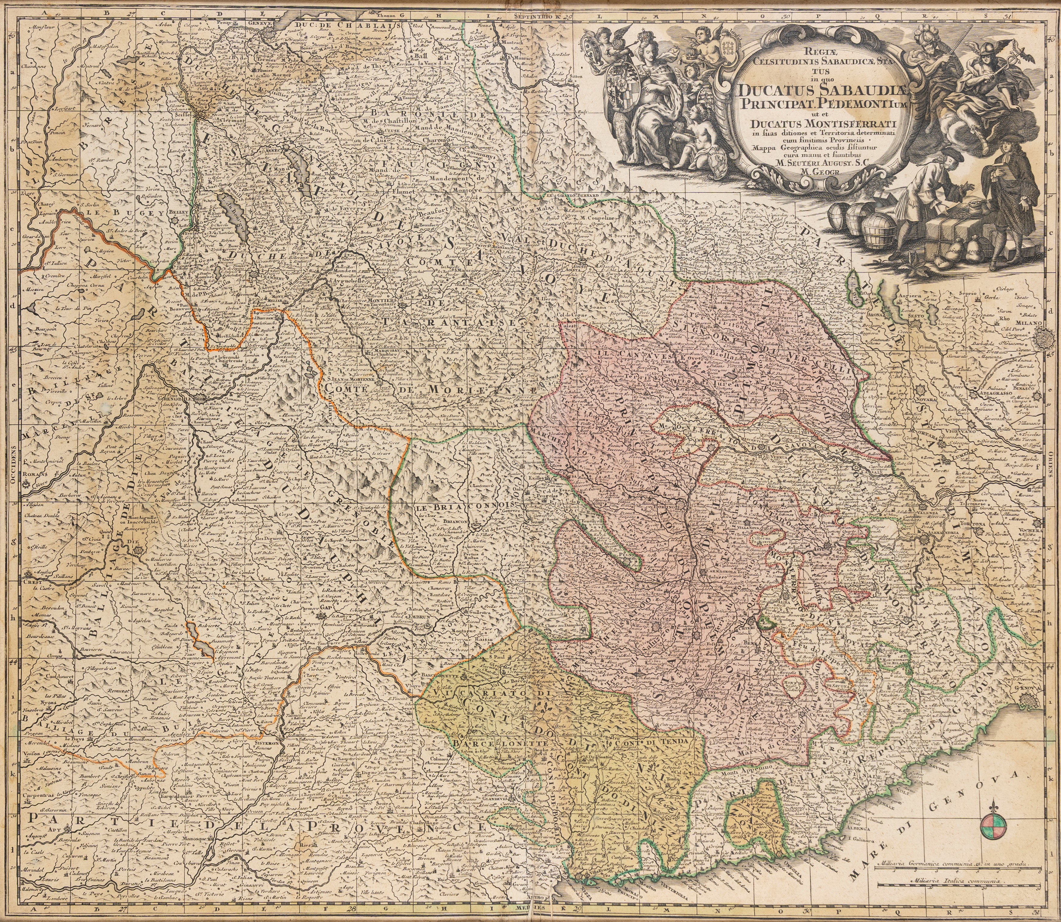Due stampe geografiche di Genova e del Piemonte con il Monferrato, stampa, cm 75 x 61 e cm 56,5 x...