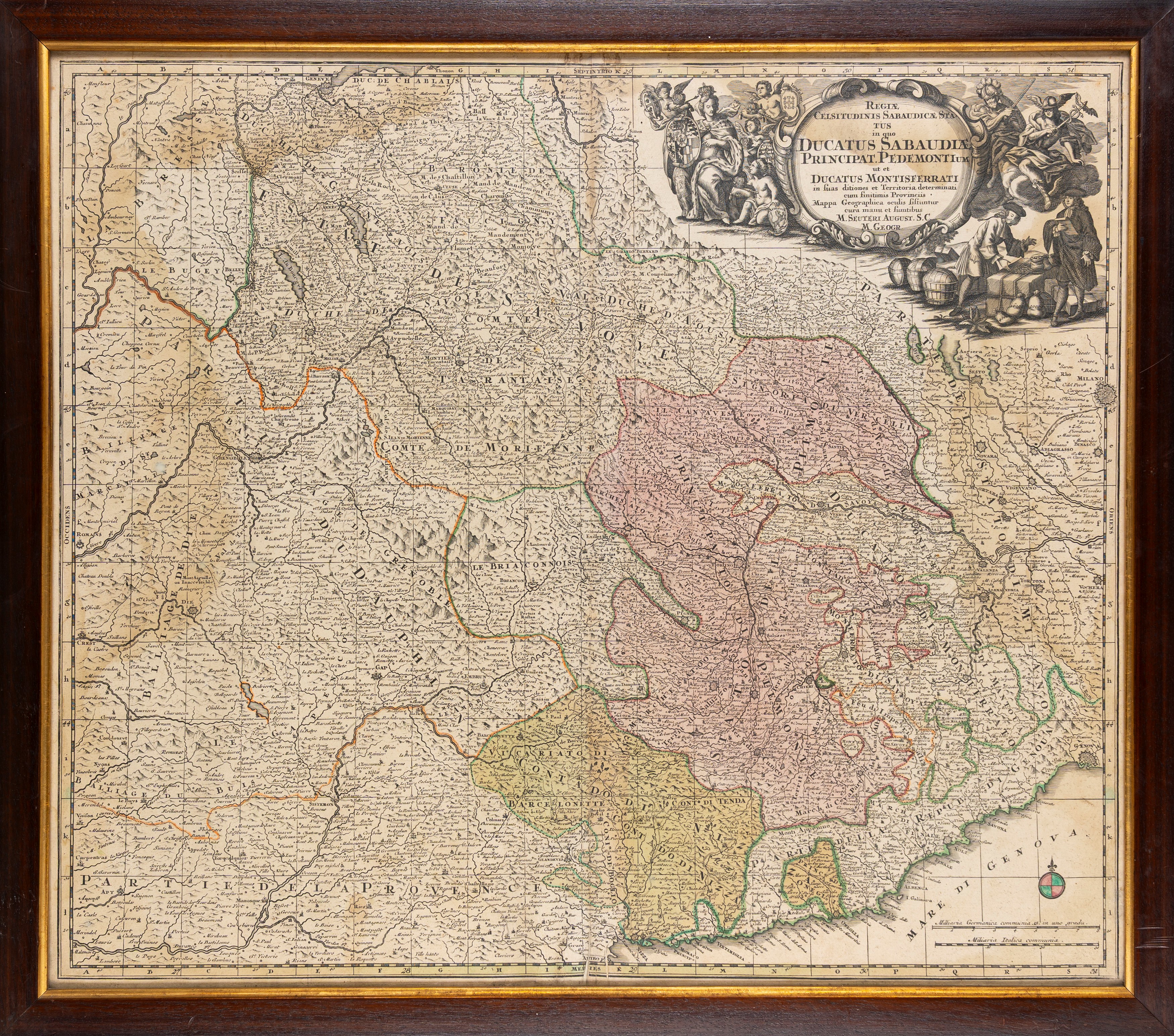 Due stampe geografiche di Genova e del Piemonte con il Monferrato, stampa, cm 75 x 61 e cm 56,5 x...