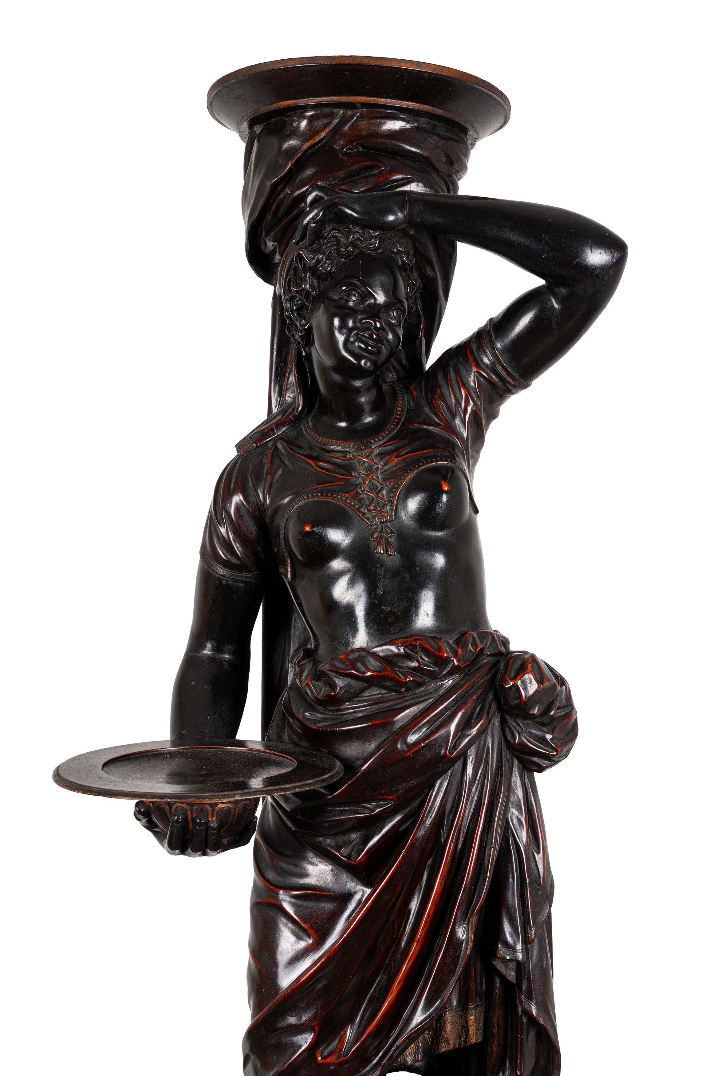 Grande scultura reggitorcia in legno ebanizzato raffigurante schiava moresca, secolo XIX