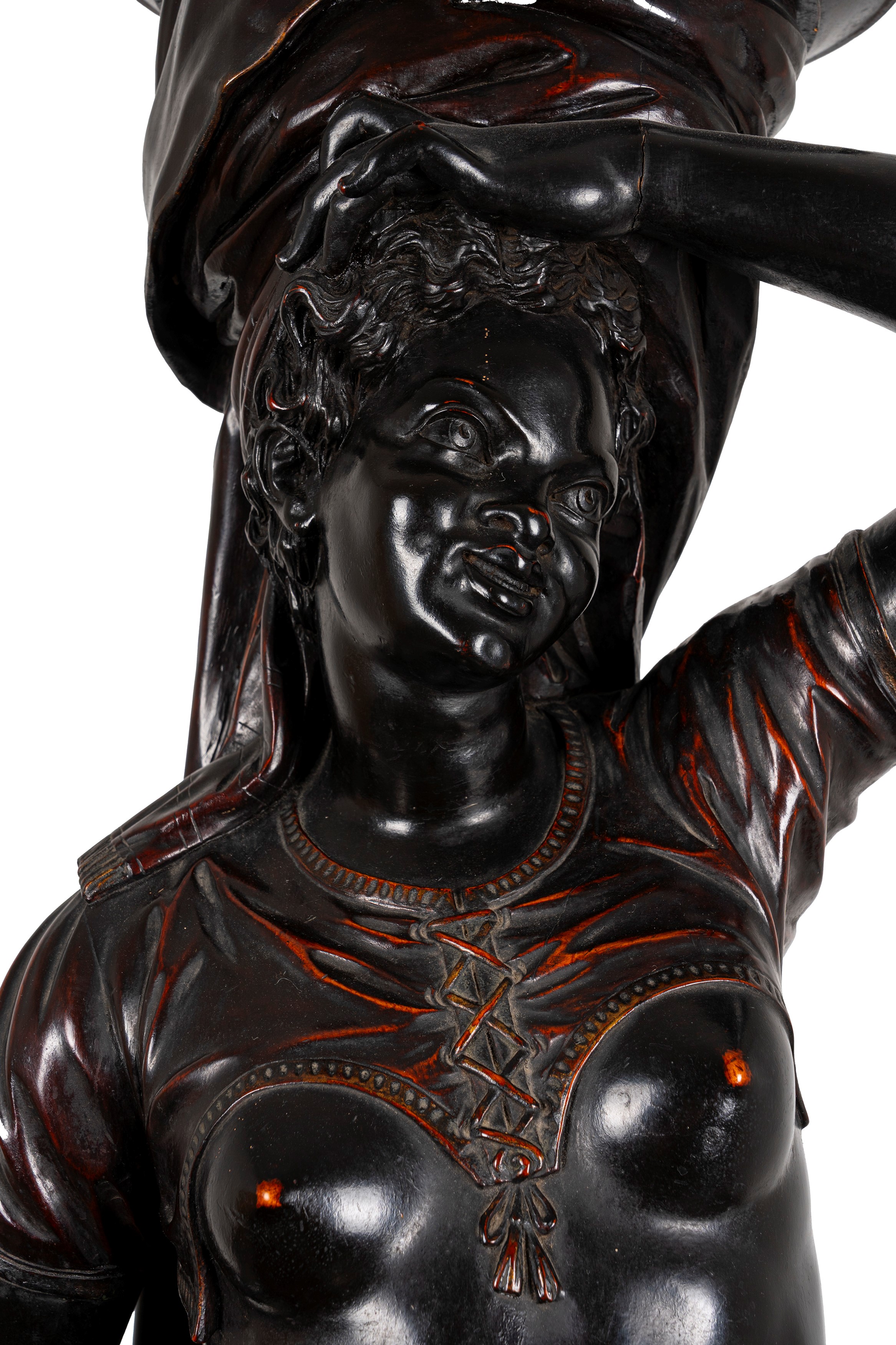 Grande scultura reggitorcia in legno ebanizzato raffigurante schiava moresca, secolo XIX