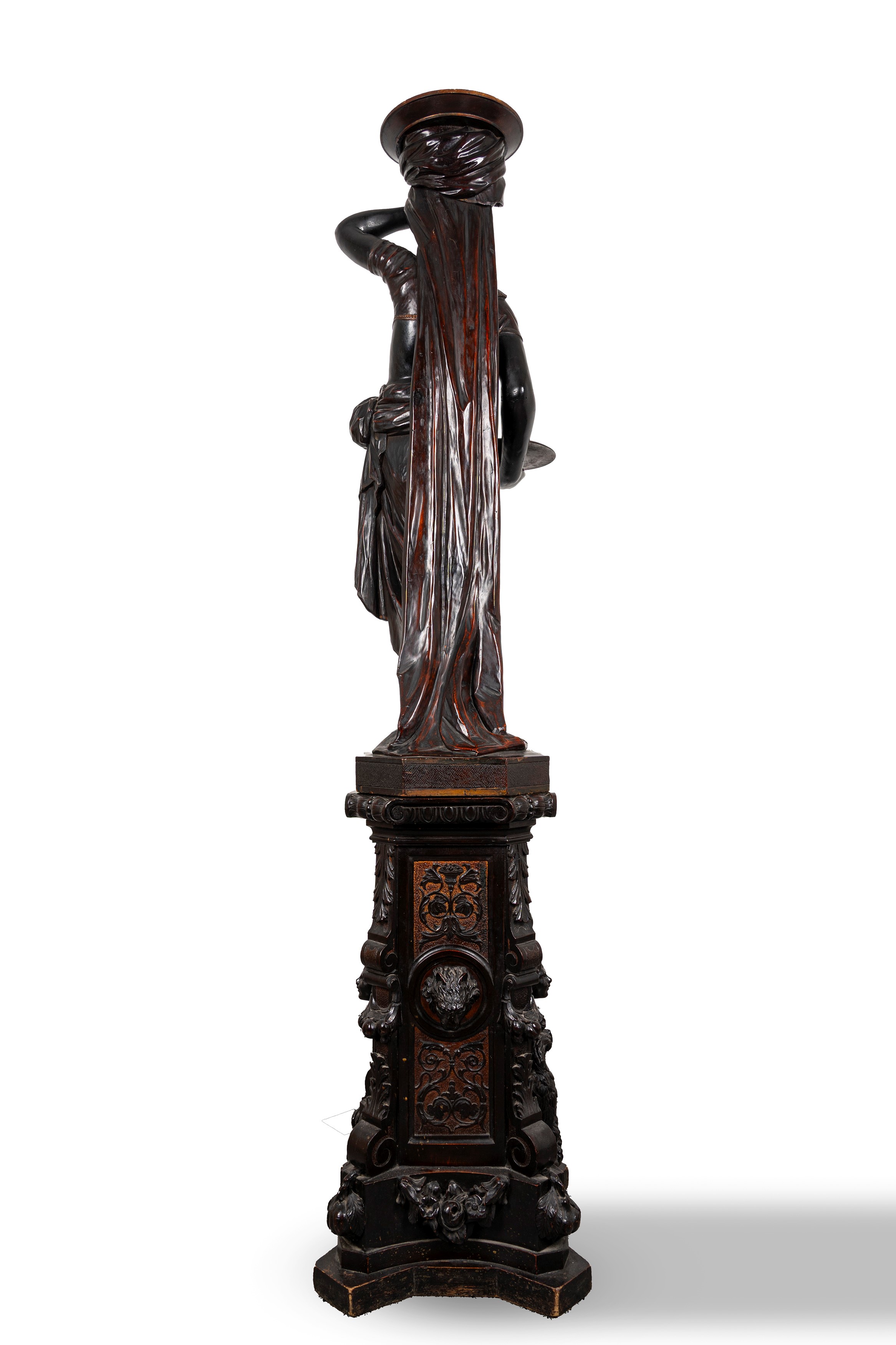 Grande scultura reggitorcia in legno ebanizzato raffigurante schiava moresca, secolo XIX