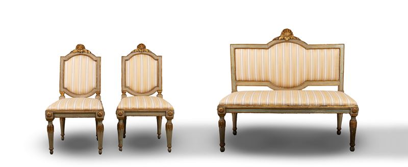 Salottino composto da divanetto e coppia di sedie, Piemonte fine secolo XVIII