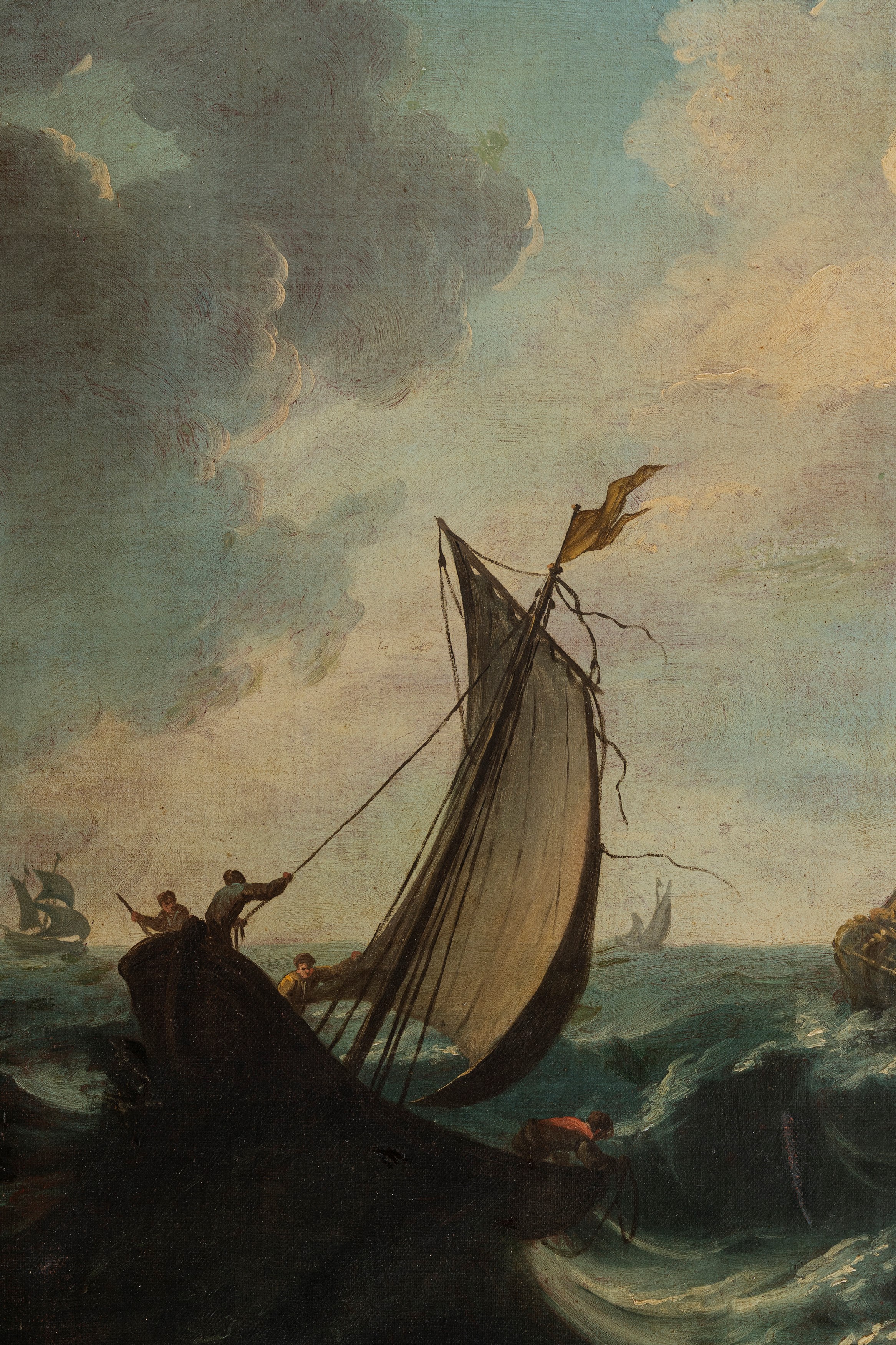 Seguace di Claude-joseph Vernet - Autore sconosciuto, Marina in burrasca con velieri, olio su tel...