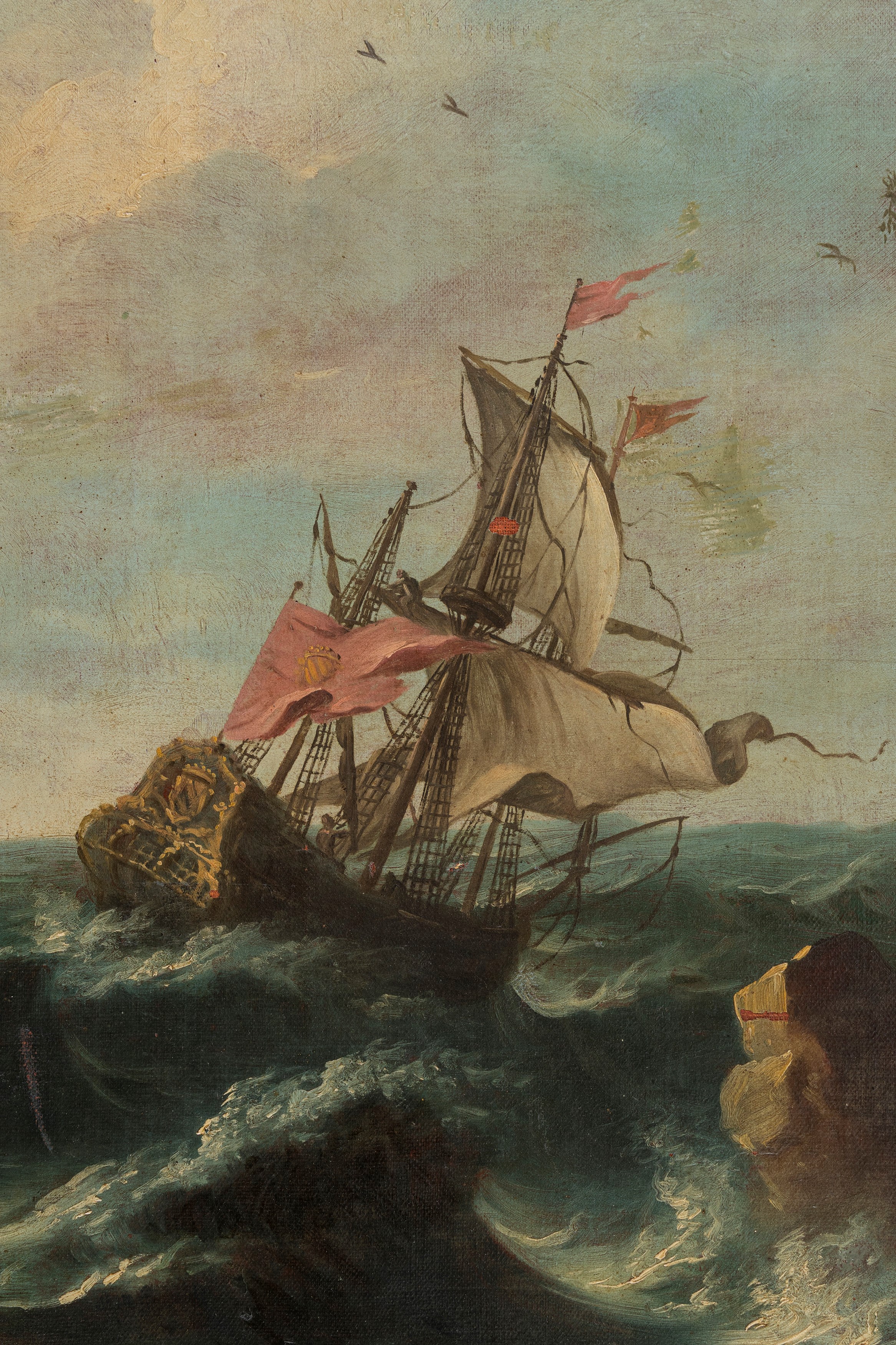 Seguace di Claude-joseph Vernet - Autore sconosciuto, Marina in burrasca con velieri, olio su tel...