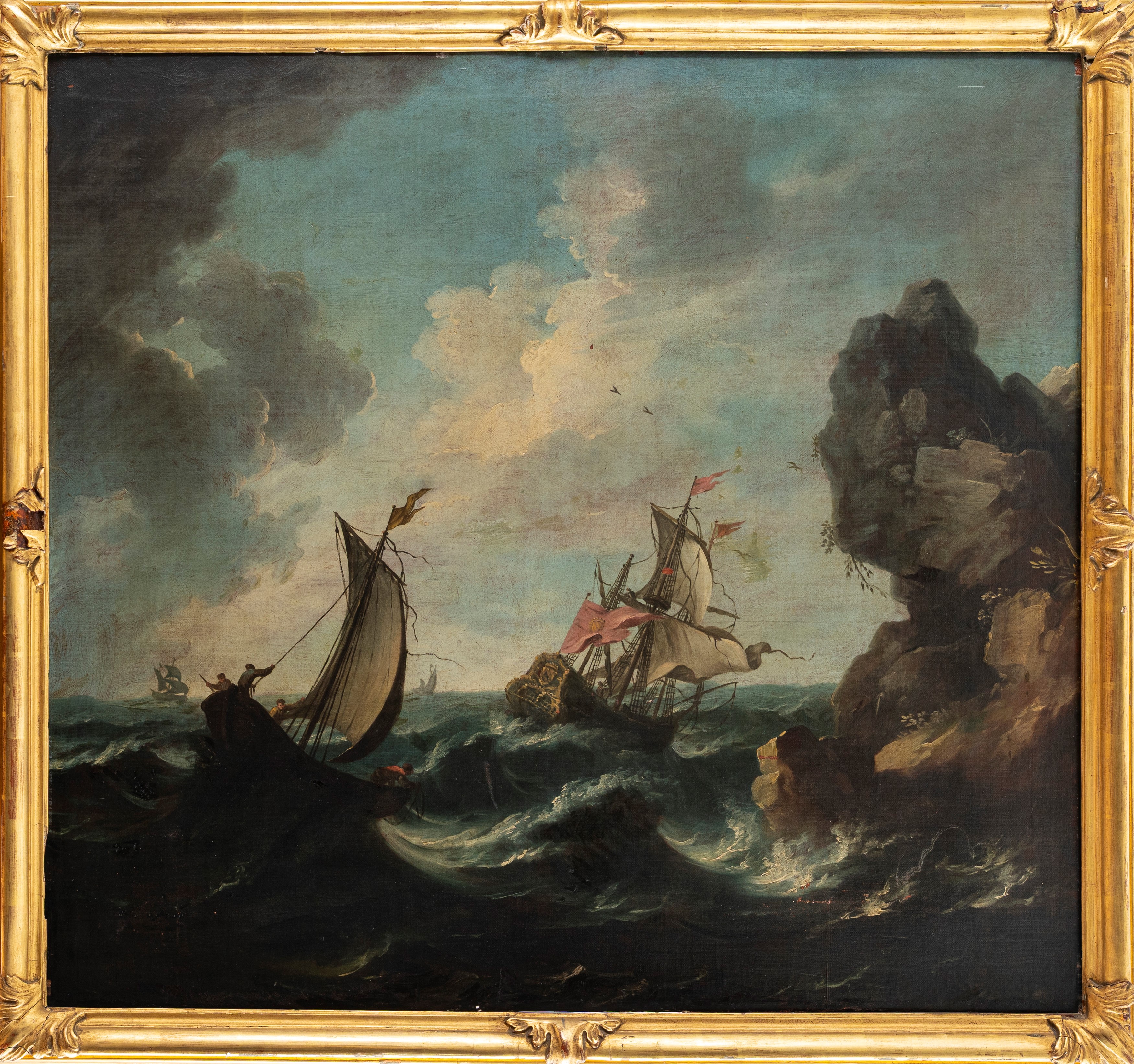 Seguace di Claude-joseph Vernet - Autore sconosciuto, Marina in burrasca con velieri, olio su tel...