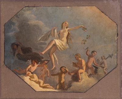 Scuola italiana, prima metà del XIX secolo, Psiche che ascende all’Olimpo (olio su cartoncino ott...