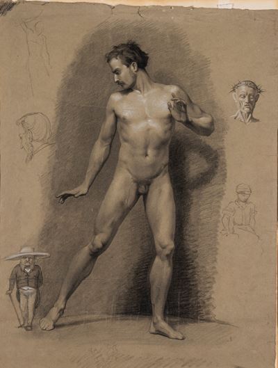 Nudo virile con caricatura e studi di figura, carboncino e biacca su carta