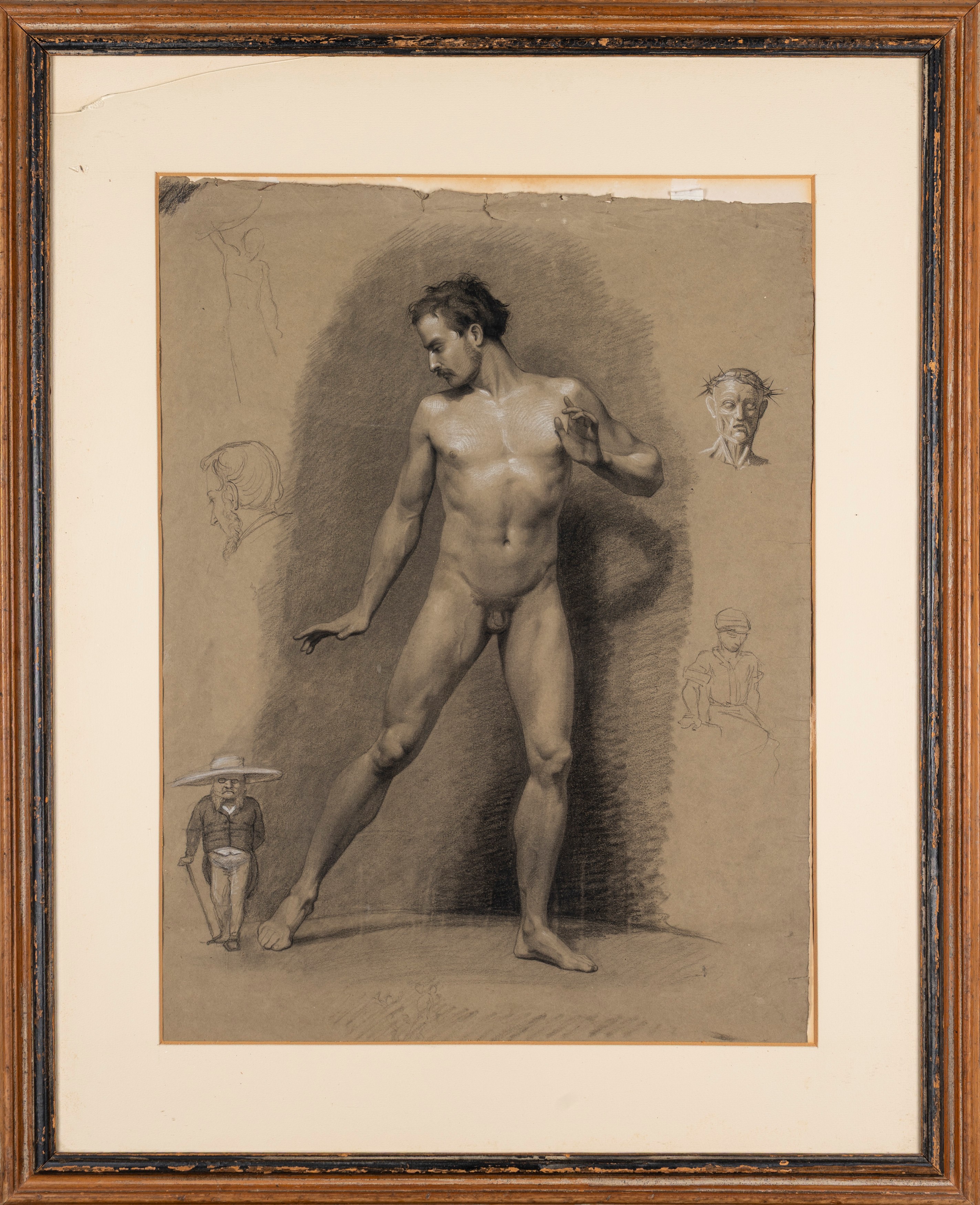 Ettore Ferrari - Nudo virile con caricatura e studi di figura, carboncino e biacca su carta