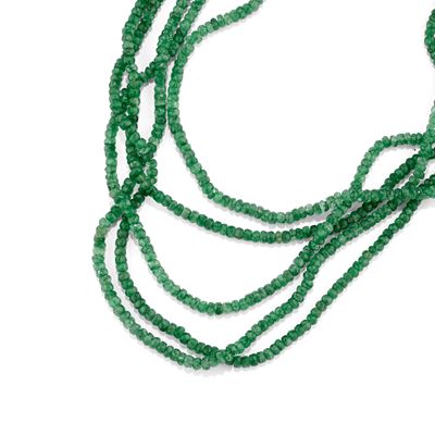 Collana con smeraldi sfaccettati, cinque fili, chiusura a tessuto regolabile