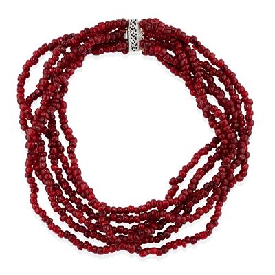 Collana in oro bianco con ambra rossa a sei fili