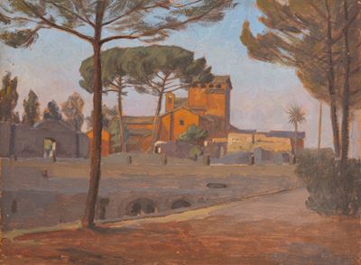 Villa con pini marittimi, olio su legno