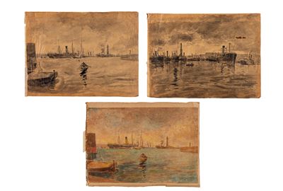 Tre vedute del porto di Genova - matita, china e acquerello su carta, 1914