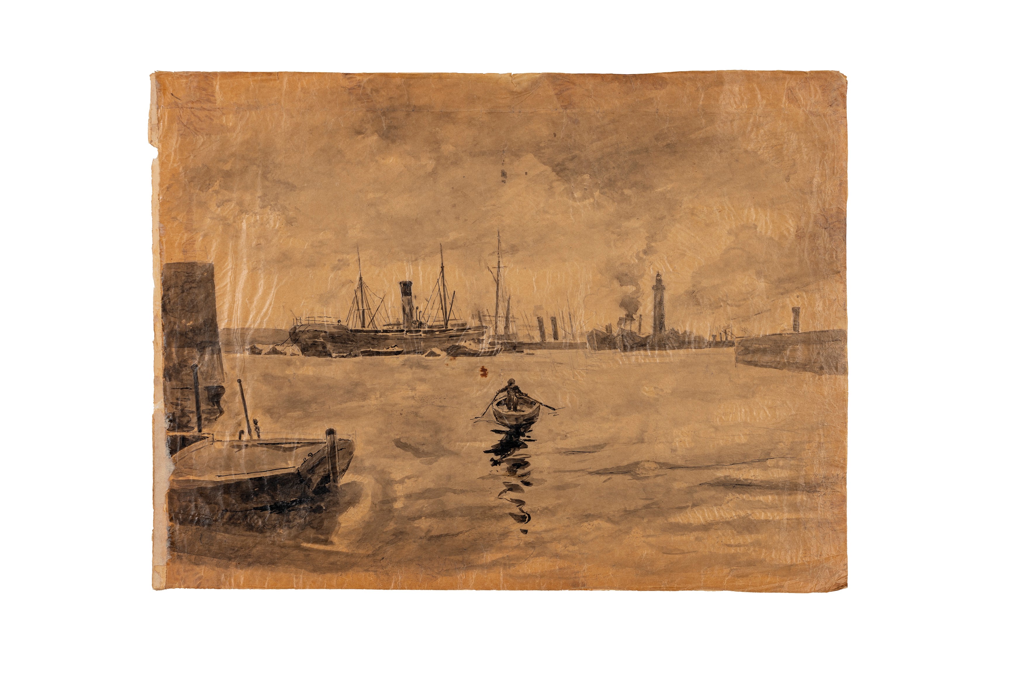 Filippo Mola - Tre vedute del porto di Genova - matita, china e acquerello su carta, 1914