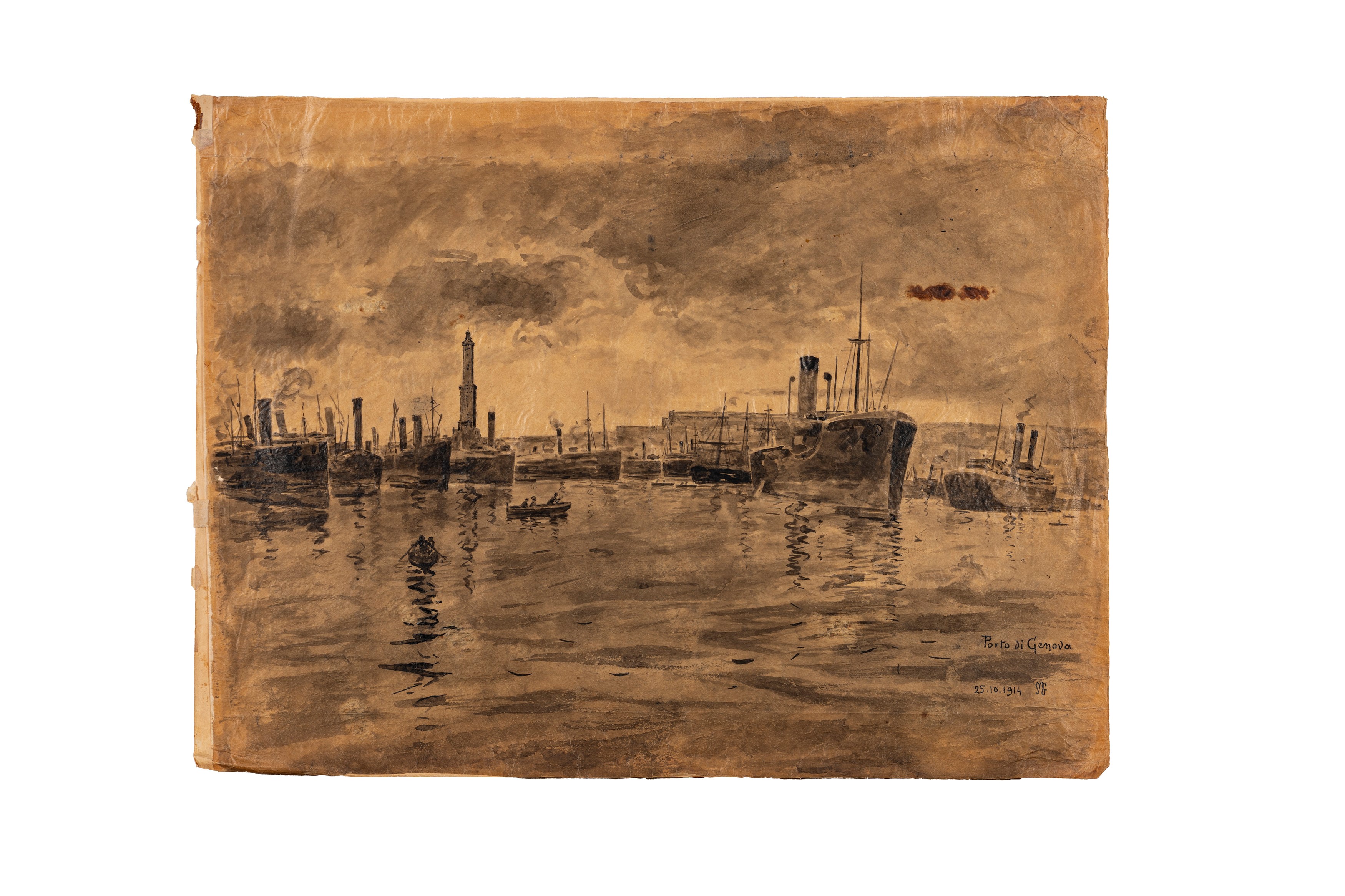 Filippo Mola - Tre vedute del porto di Genova - matita, china e acquerello su carta, 1914