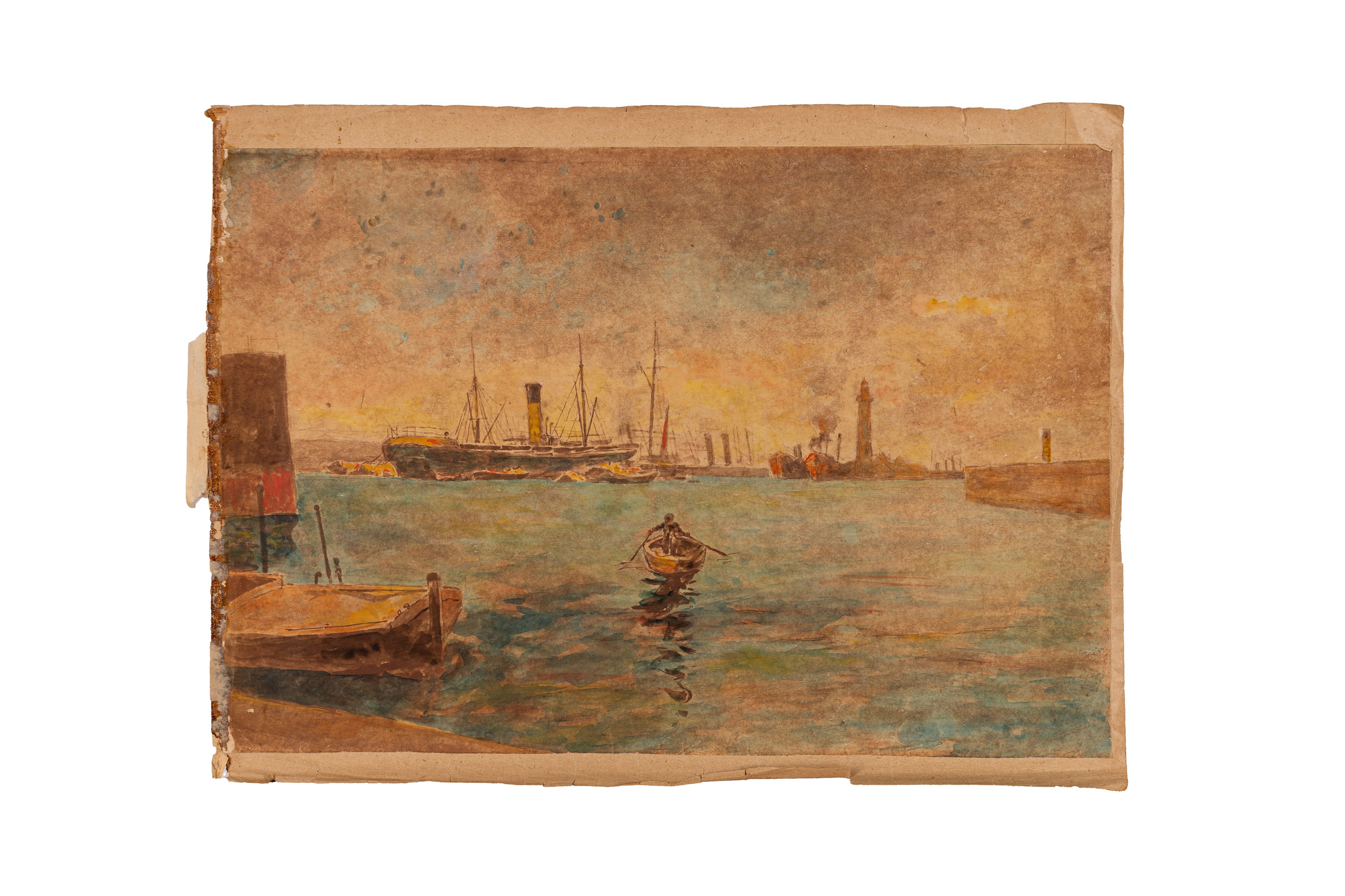 Filippo Mola - Tre vedute del porto di Genova - matita, china e acquerello su carta, 1914