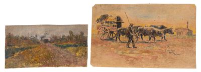 Due vedute di paesaggi del Cile, 1893, olio su tela e tecnica mista