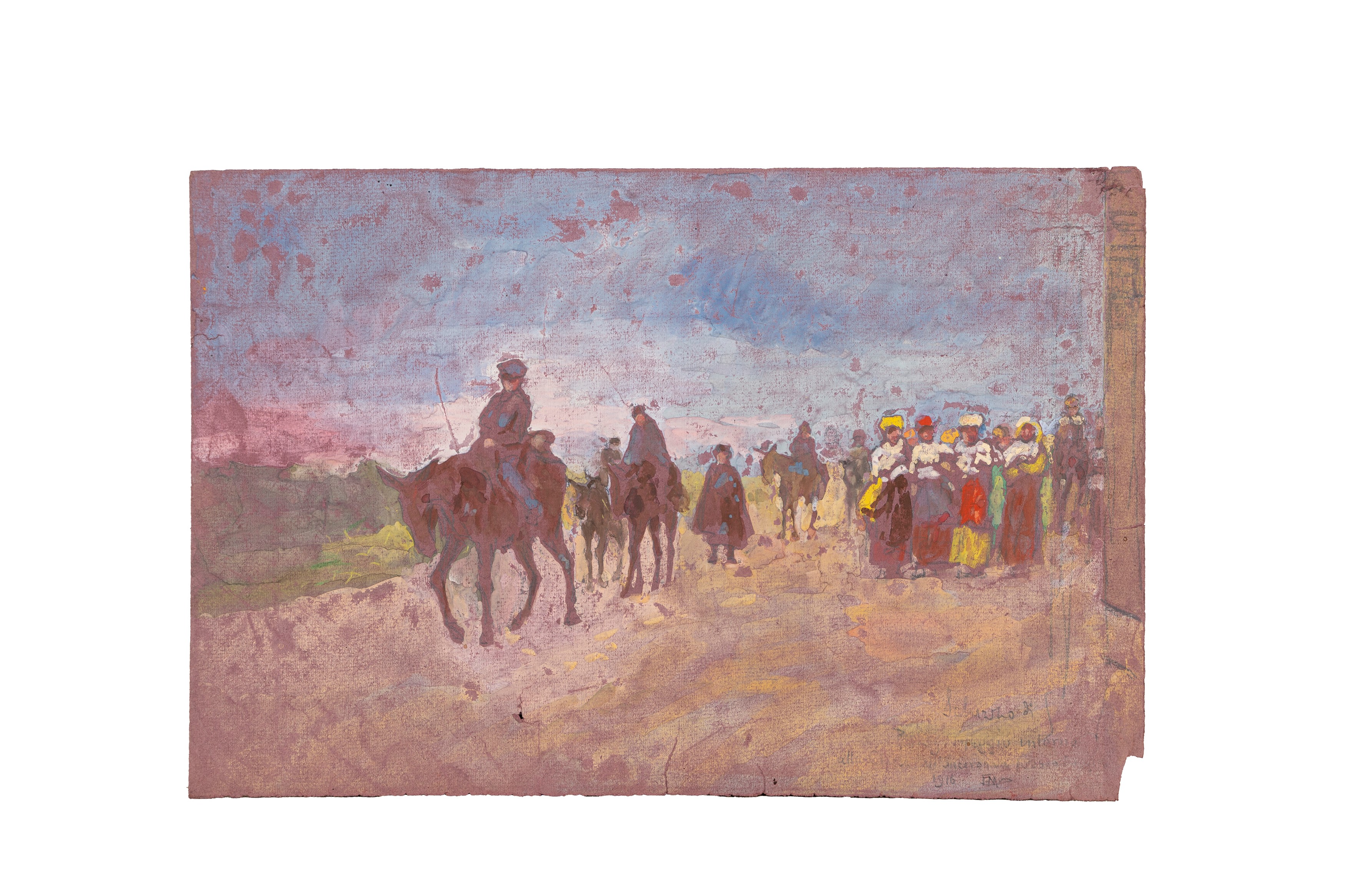 Filippo Mola - Due vedute di Melfi e uno con corteo a Saluzzo, olio su tela, tempera su cartoncin...