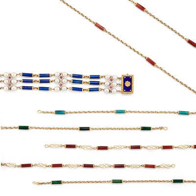 Lotto di gioielli, bracciali e collana in oro bicolore 18k con decorazioni smaltate