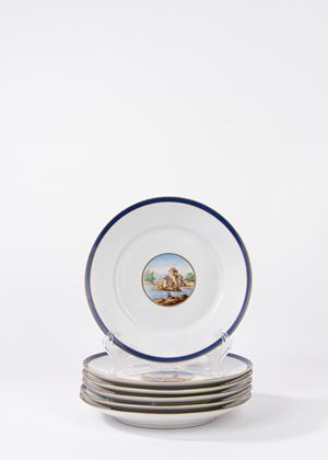 Lotto composto da sei piatti in porcellana con paesaggi, Richard Ginori