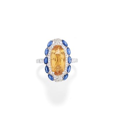 Anello in oro bianco 14k con topazio imperiale ovale e zaffiri, diamanti
