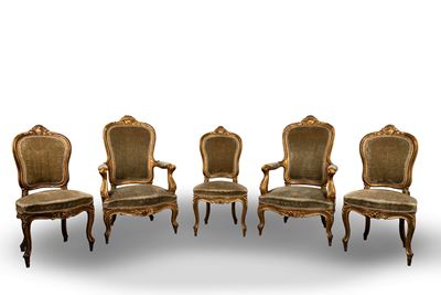 Salottino composto, poltrone e sedie, in legno intagliato, dorato e laccato verde, secolo XIX