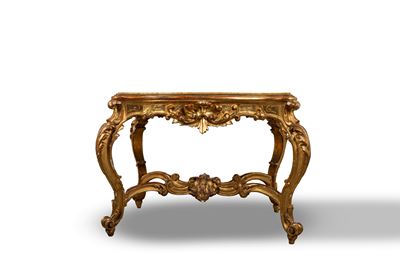 Tavolino in legno intagliato, dorato e laccato verde con piano in alabastro, secolo XIX