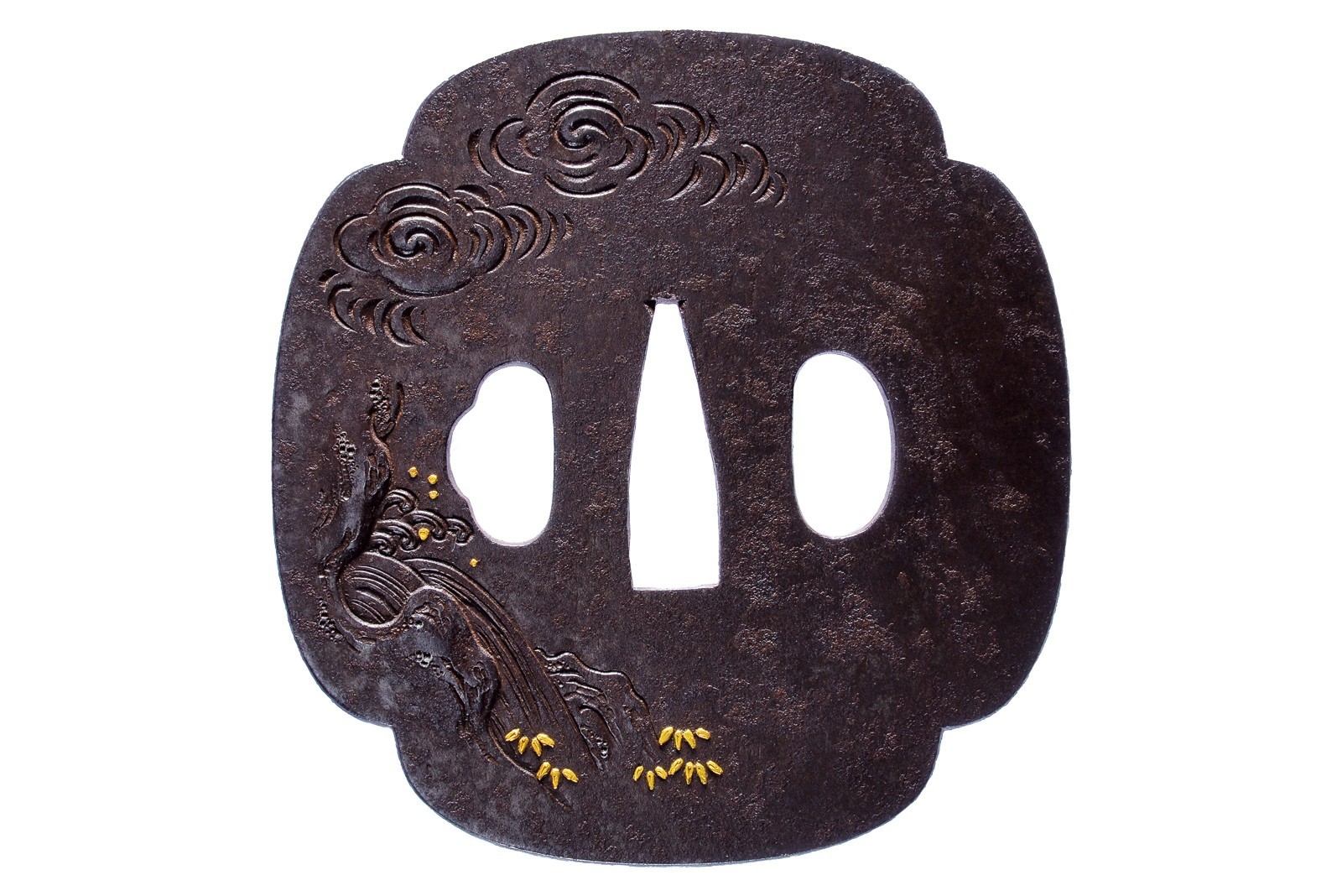 Bella tsuba firmata Hitotsuyanagi Tomoyoshi, con kakihan