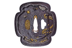 Tsuba firmata Hojusai Masakage, con kakihan, scuola Tanaka