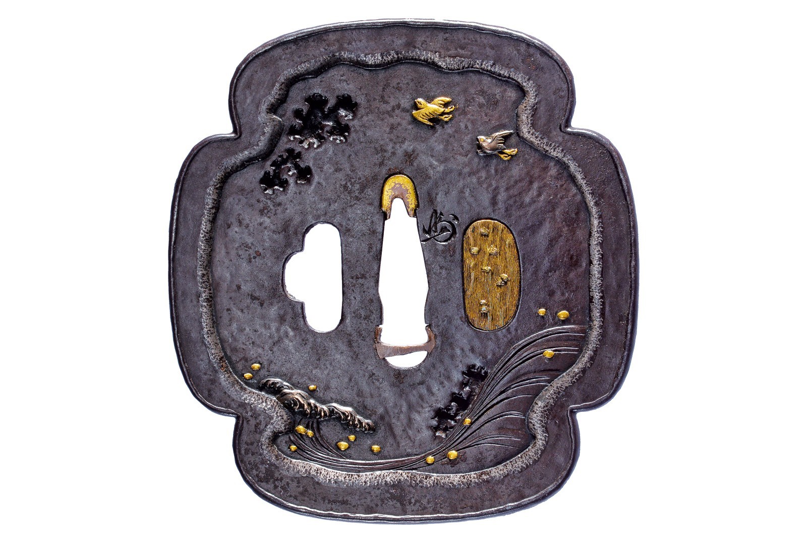 Tsuba firmata Hojusai Masakage, con kakihan, scuola Tanaka