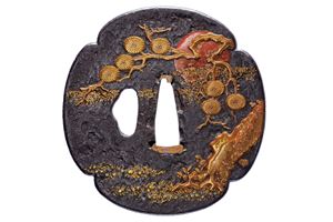 Bellissima tsuba firmata Takafusa sulla lacca