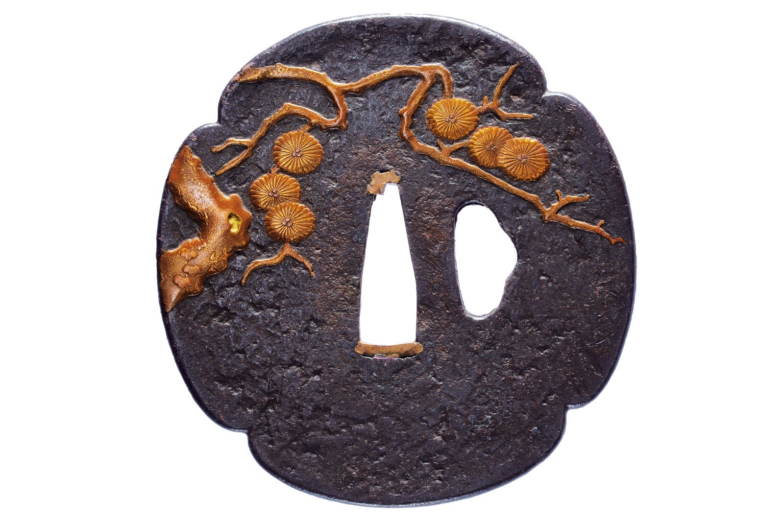 Bellissima tsuba firmata Takafusa sulla lacca