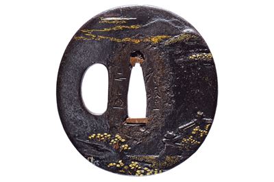 Hikone ju Masanao, Tsuba firmata con paesaggio montano