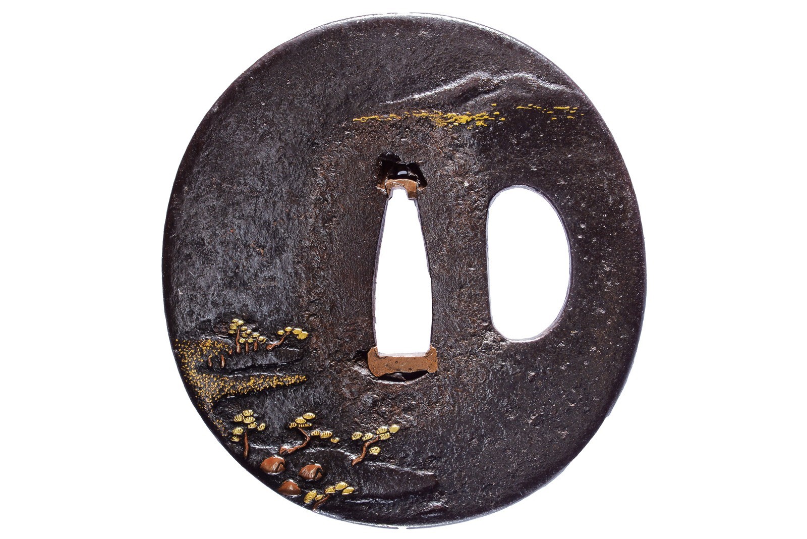 Hikone ju Masanao, Tsuba firmata con paesaggio montano