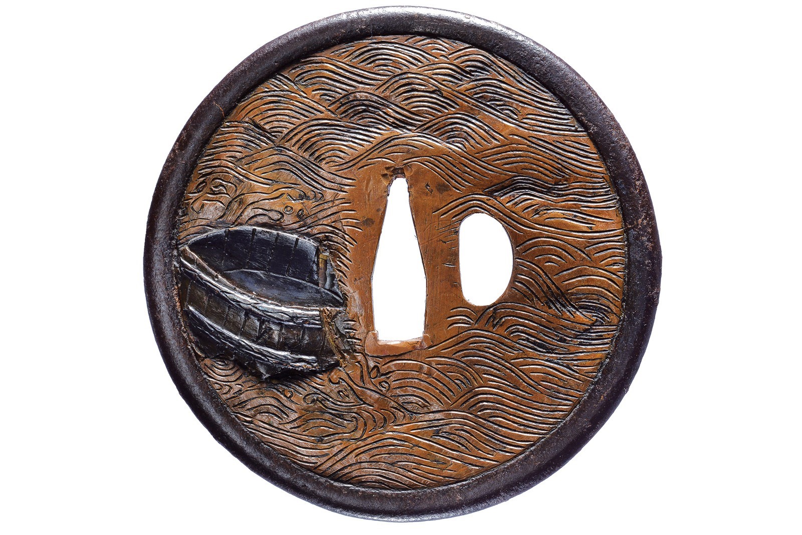 Rara tsuba attribuita alla scuola Shōnai-Shōami, Giappone, Periodo Edo (1603-1867), rame con mimi...