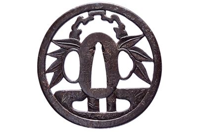 Yoshū Matsuyama jū Shōami Morikatsu, Tsuba in ferro con effige di bambù e fiocchi di neve