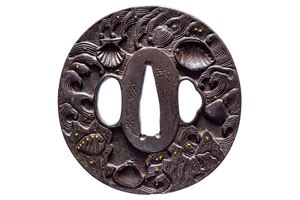 Tsuba firmata Yoshū Matsuyama jū Shōami Chūbei Moriyoshi saku kore