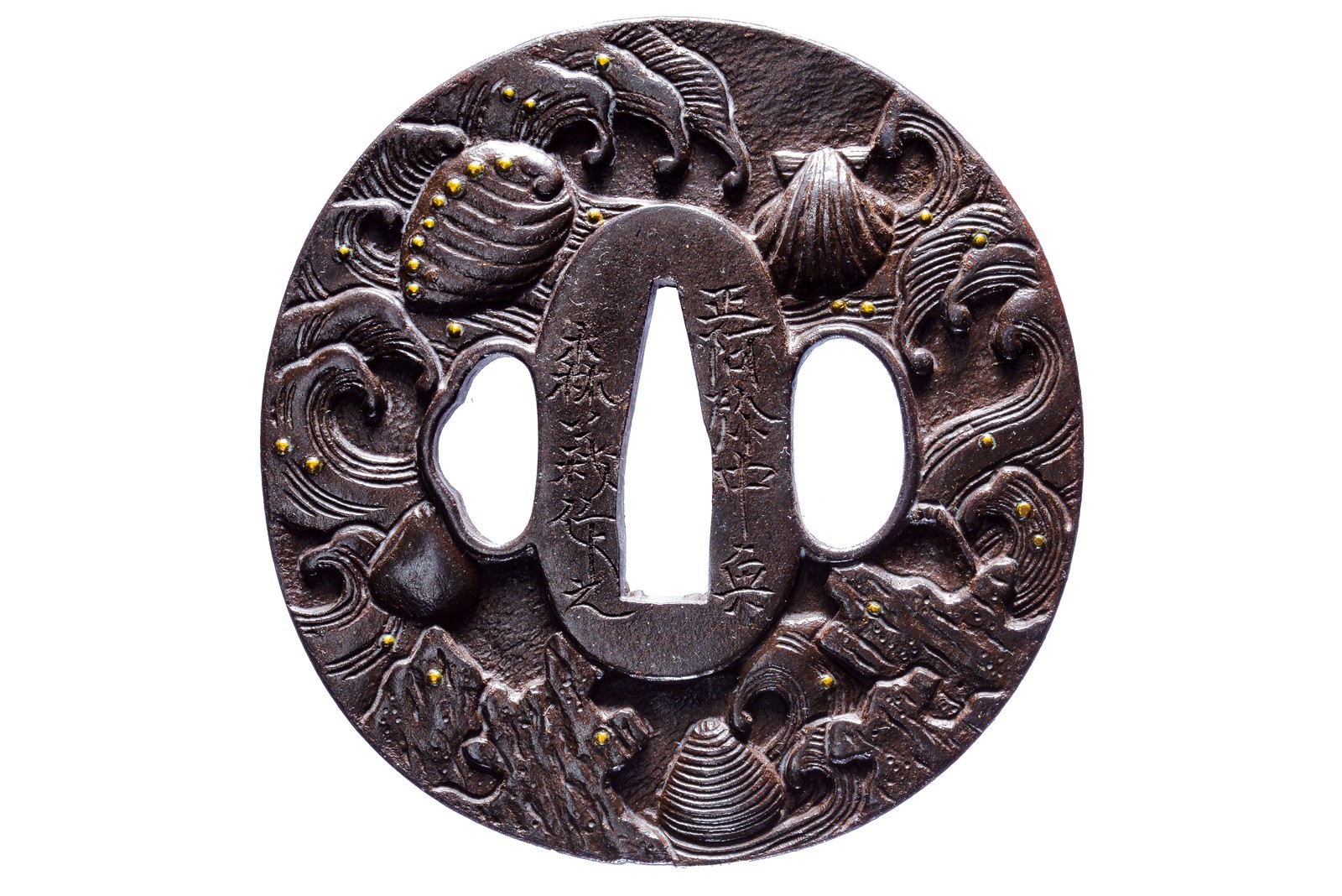 Yoshū Matsuyama, Tsuba firmata con onde e conchiglie, Periodo Edo