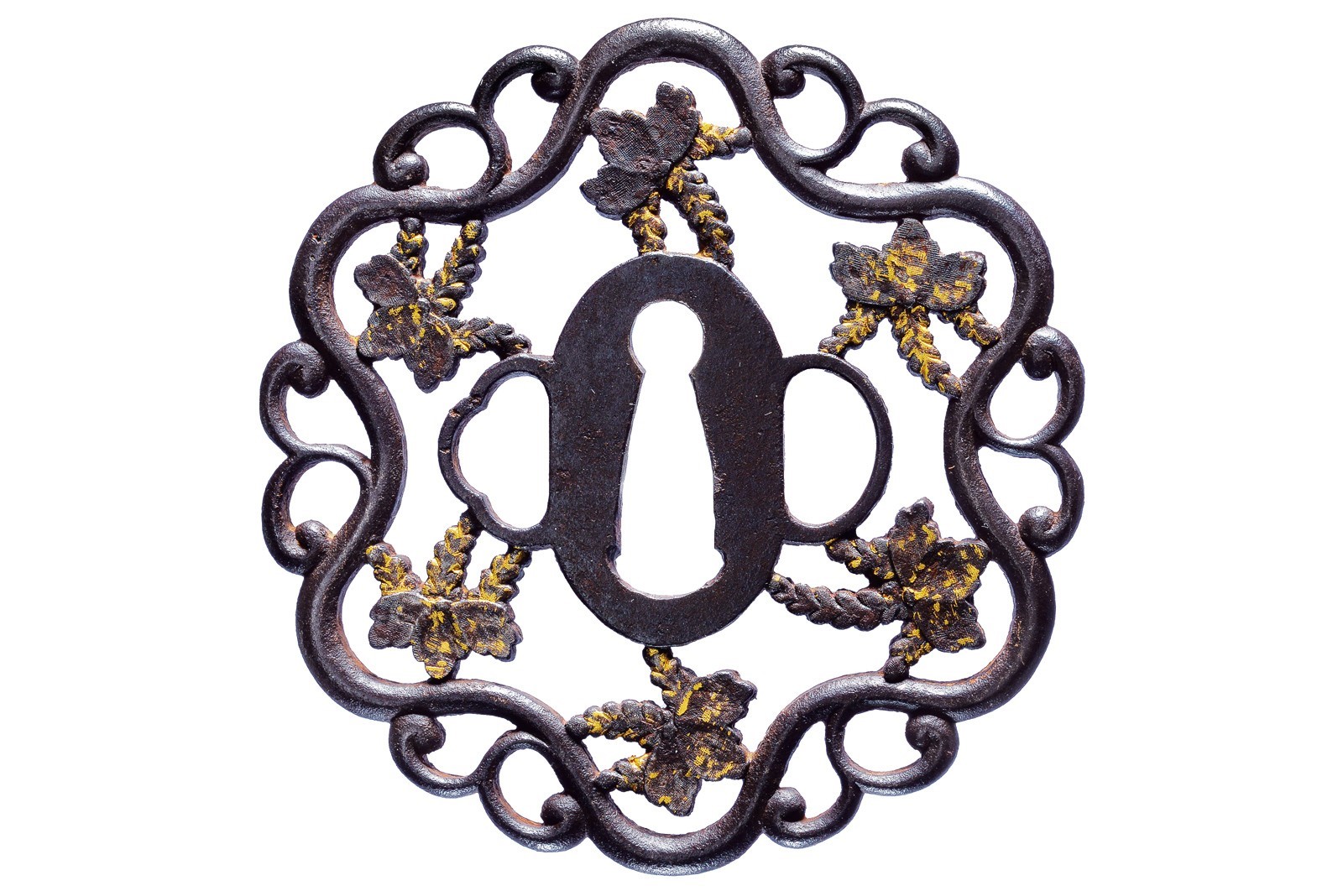 Scuola Kyo-Shoami, Bella tsuba in ferro con decorazioni in oro