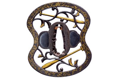 Scuola Kyo-Shoami, Tsuba in ferro con decorazioni in oro e shakudo
