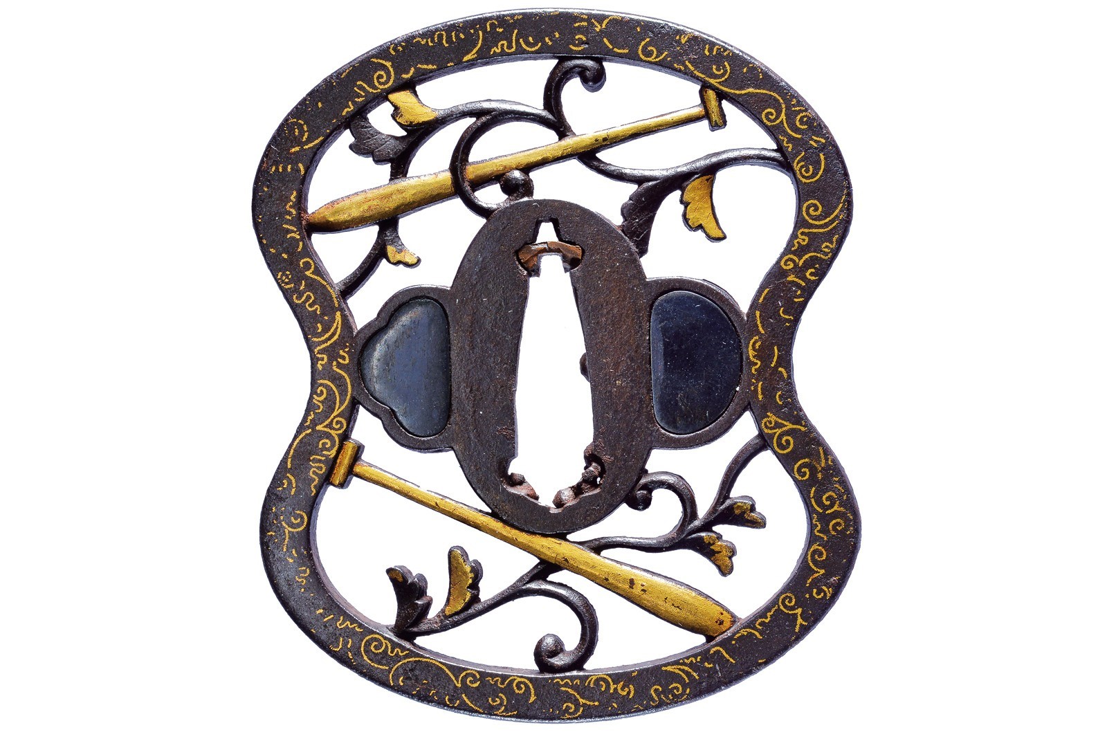Scuola Kyo-Shoami, Tsuba in ferro con decorazioni in oro e shakudo